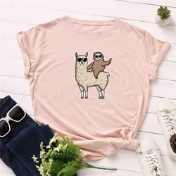 재미 있은 나태 알파카 인쇄 여성 T 셔츠 짧은 소매 O 넥 느슨한 여성 Tshirt 숙녀 패션 티 셔츠 탑 의류 Mujer