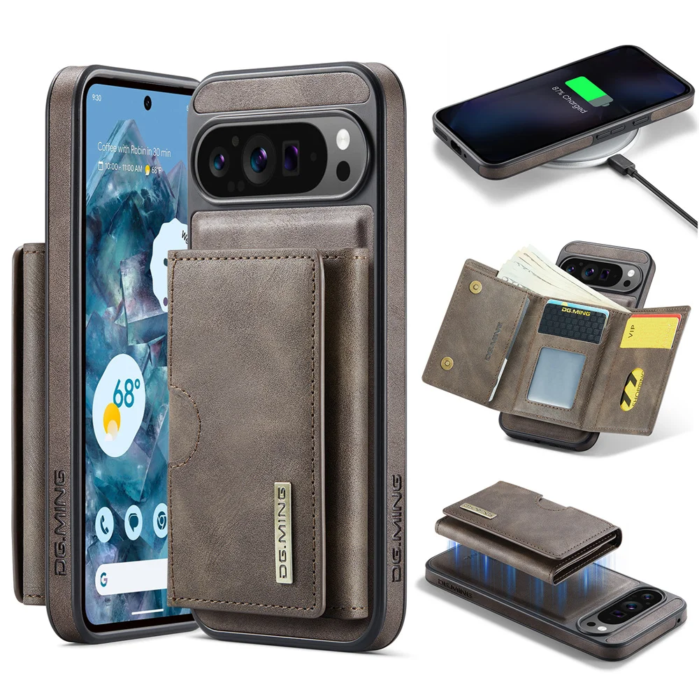 

DG.Ming Split Type Phone Case For Google Pixel 9 Pro XL Magsafe Magnetic Leather Split Type Ring Card Holder Back Cover
