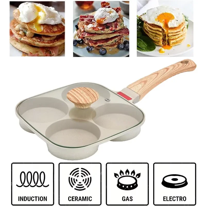 Square Nonstick Fried Egg Pan 4 Cup Capacity with Glass Lid Induction Compatible Cookware Set for All Stovetops Kitchen