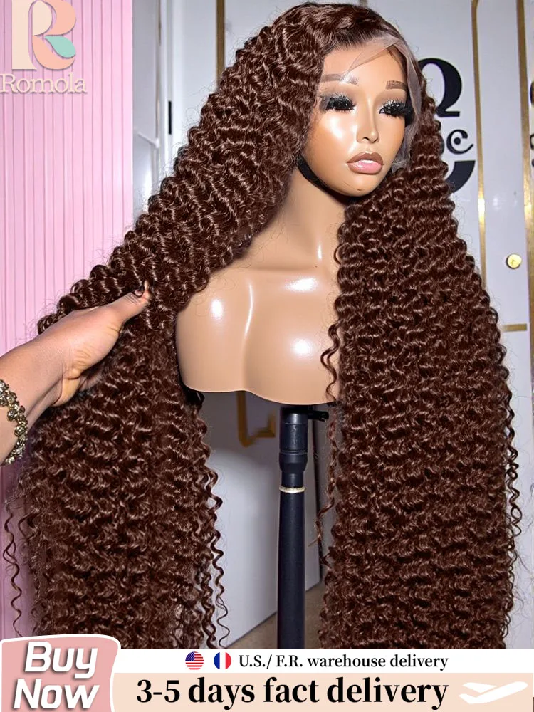 

Romola Curly Wig Brown Hair Water Wave Deep Wave 13x6 13x4 HD Lace Wig Pre Plucked Baby Hair Flash Sale Free Shipping