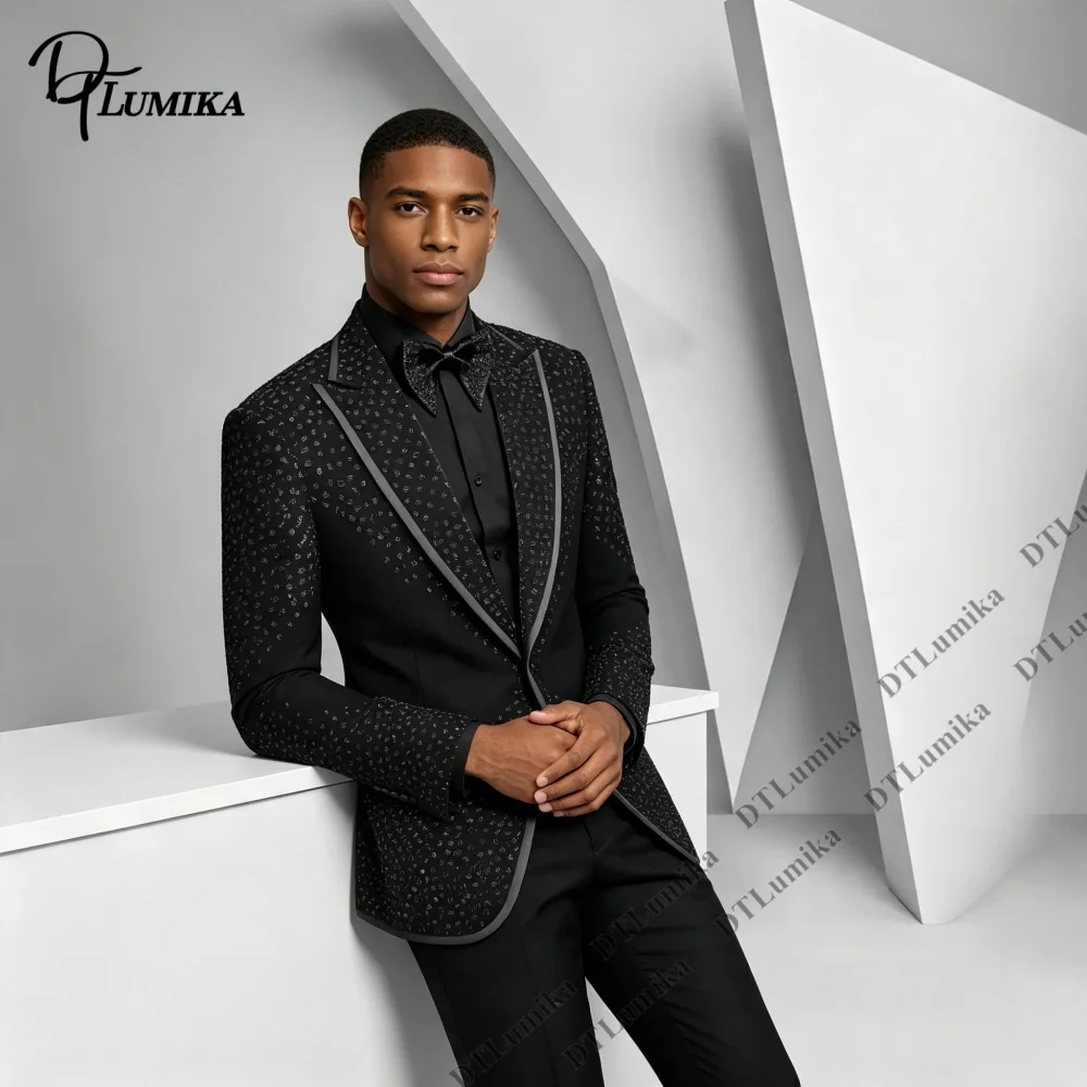 Full Embellished Formal Groom Suit For Wedding Party Prom Rhinestone Tuxedo 2 Piece Men Suit Thin Edge Shawl Lapel Blazer Pants