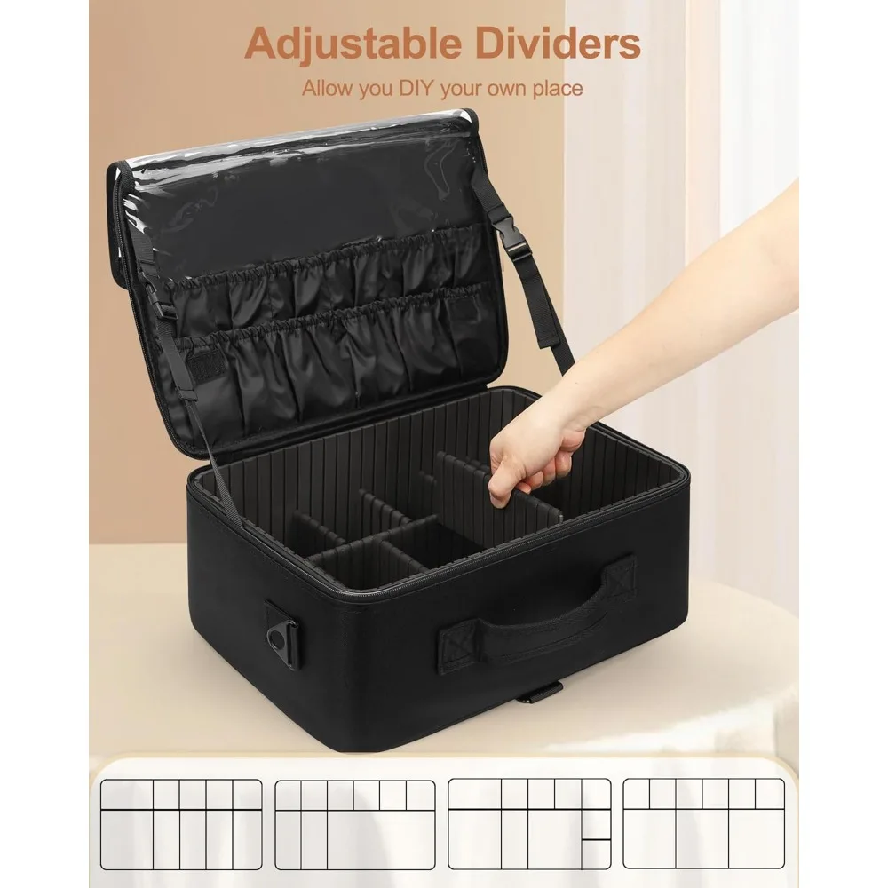 Large Makeup Bag with 3 Removable Pouches, Adjustable Dividers, Brush Holder & Shoulder Strap for Travel