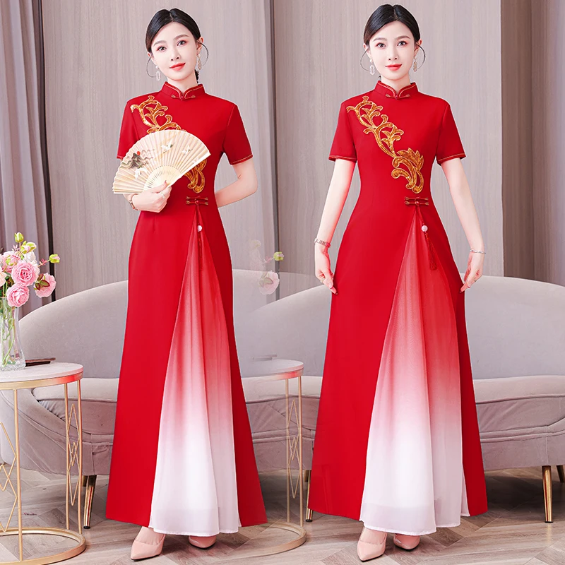 2026 New Long Qipao Dress Women Return Home from Marriage Dance Performance Large Size Ceremony Show Outfit Ethnic Style