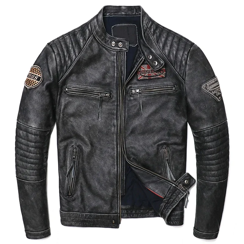 

New Vintage Grey Motorcycle Genuine Leather Jacket Men's Biker Natural Cowhide Jackets Man Slim Cool Clothing Coat