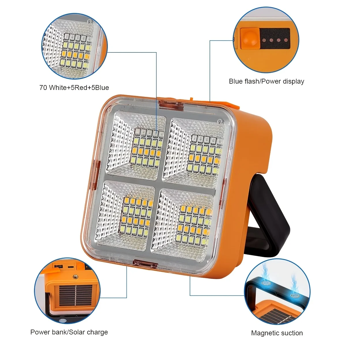ضوء عمل LED متعدد الوظائف قابل لإعادة الشحن بالطاقة الشمسية، مصباح كاشف خارجي محمول - بطارية ليثيوم 1200 مللي أمبير في الساعة، مناسب للتخييم.
