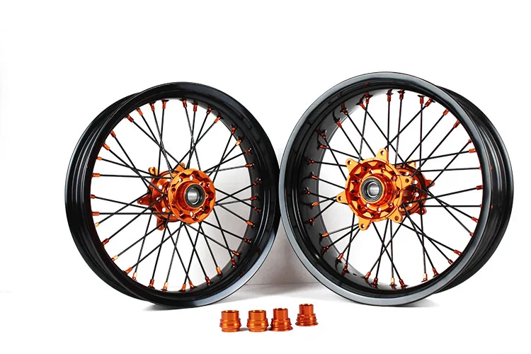 17 Inch Supermoto Wheels Rims Set - Compatible with 125/250/450/530cc EXC/SXF 2003-2023 (Orange Hub & Black Rim)