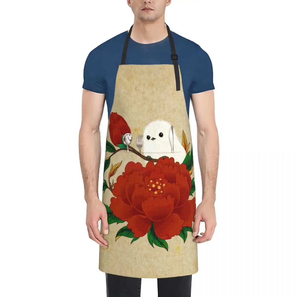 

Minhwa: Crow-Tit and Peony A Type (Korean traditional/folk art) Apron kitchen clothes for men Cooking Apron