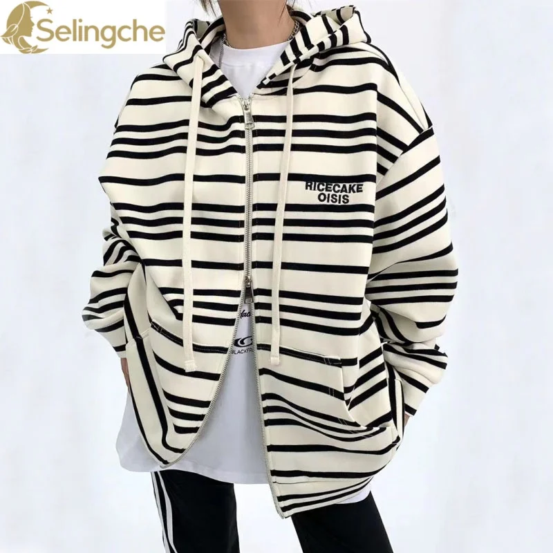 100% Pure Cotton Thickened Maillard Horizontal Stripe Hoodie Jacket Women's Casual Zebra Sports Coat Loose and Warm Top