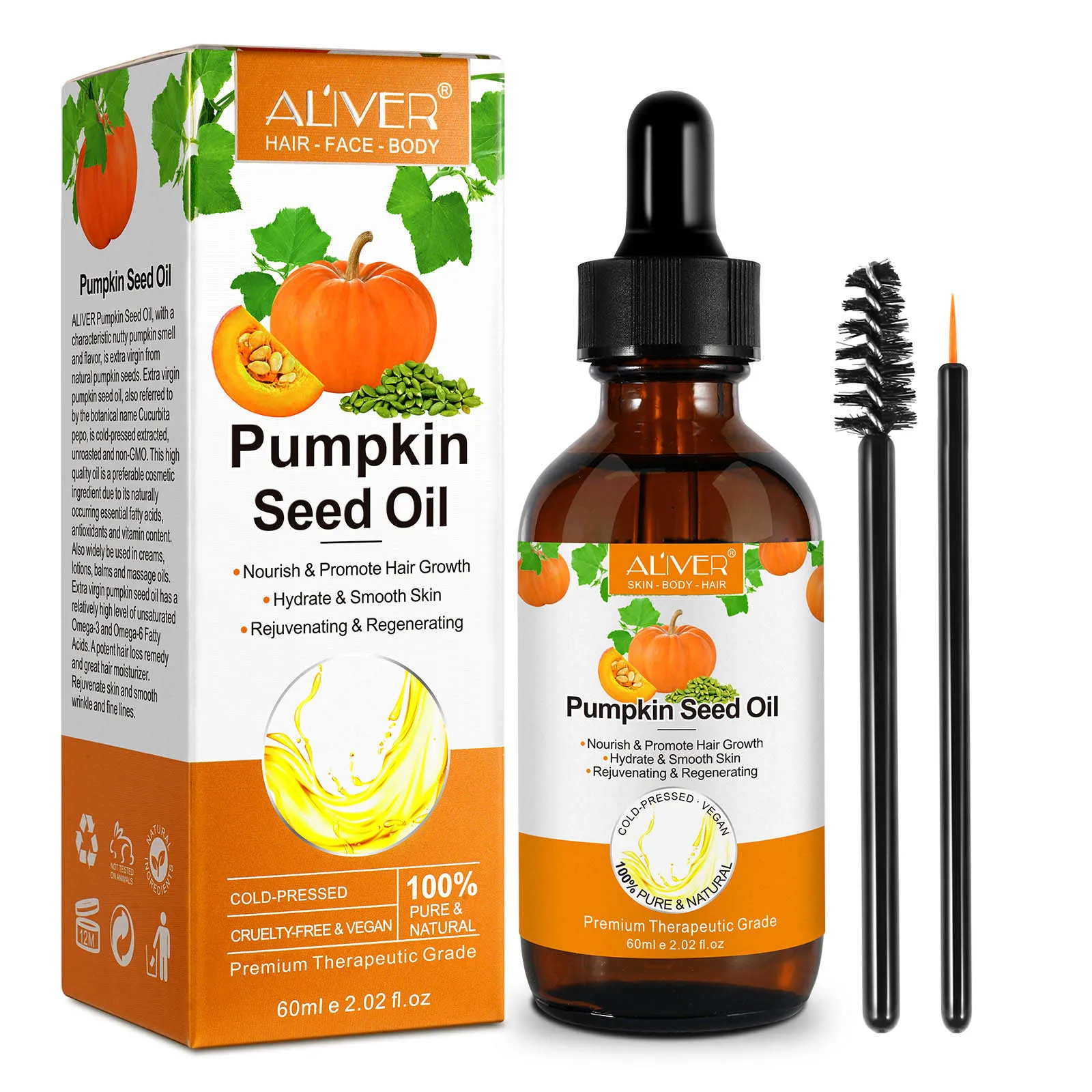 100% Pure Pumpkin Seed Oil for Hair Growth Cold Pressed Natural Hair Loss Remedy | Anti-Aging Face Serum & Body Moisturizer 60ml