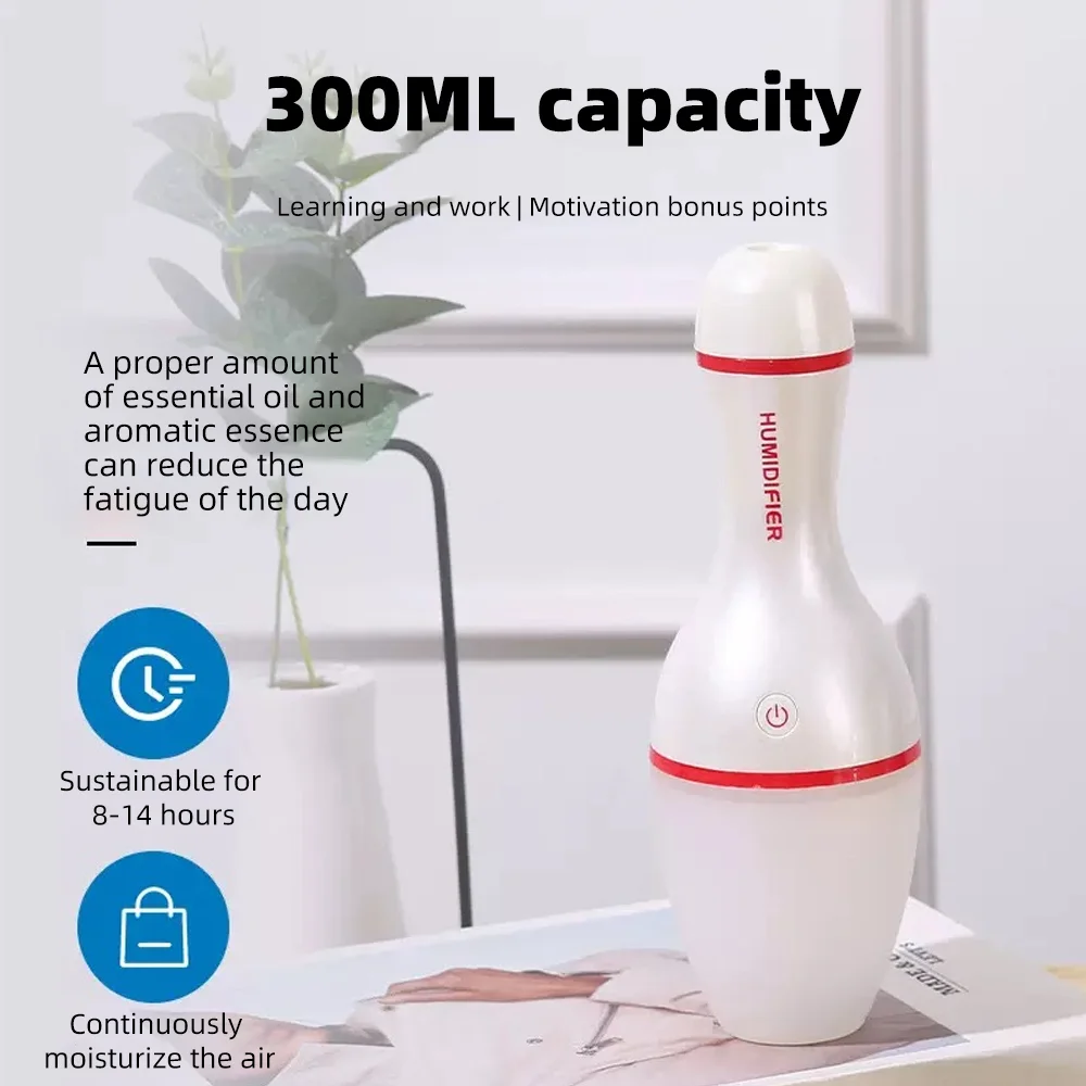 ناشر بتصميم بولينج بسعة 300 مل، مرطب بالموجات فوق الصوتية الصامتة مع ضوء ليلي مهدئ، مثالي لغرفة النوم والسيارة