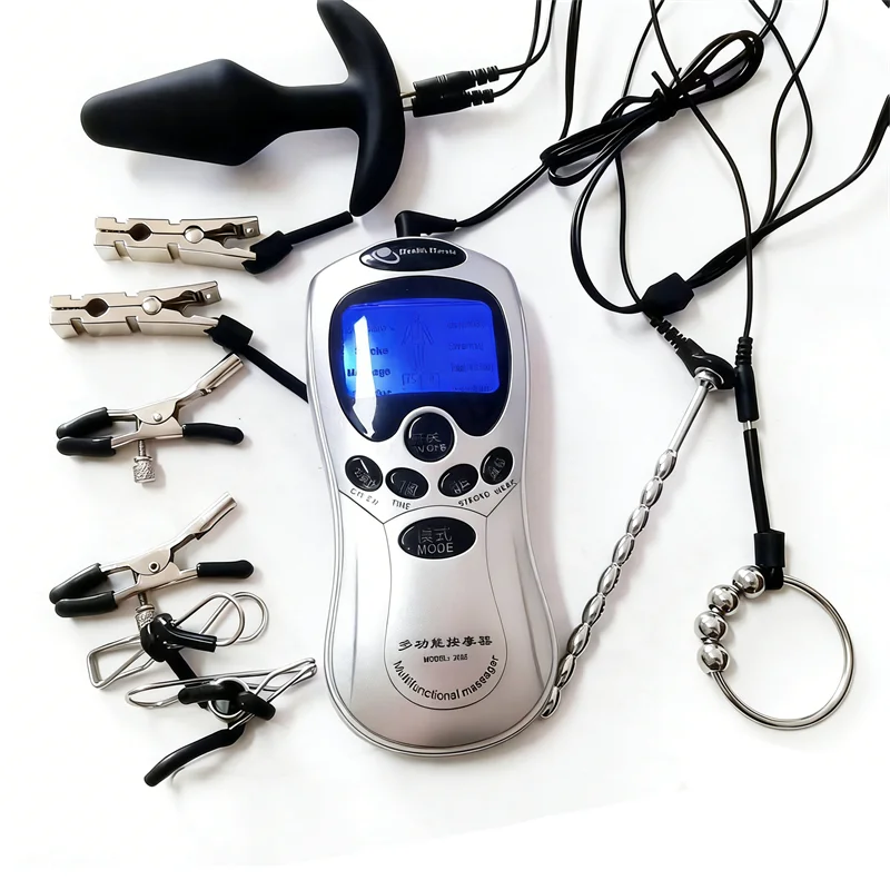 Male Penis Cock Rings Urethral Sounding Metal Nipples Clips 8 Modes Electric Shock Silicone Anal Butt Plug Sex Toys for Men