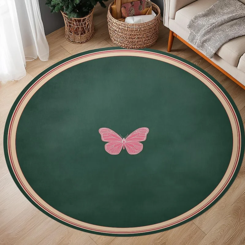 Dark Green Single Pink Butterfly Round Rug Minimalist Border Elegant Print Non Slip Soft Circular Floor Mat Bedroom Decor