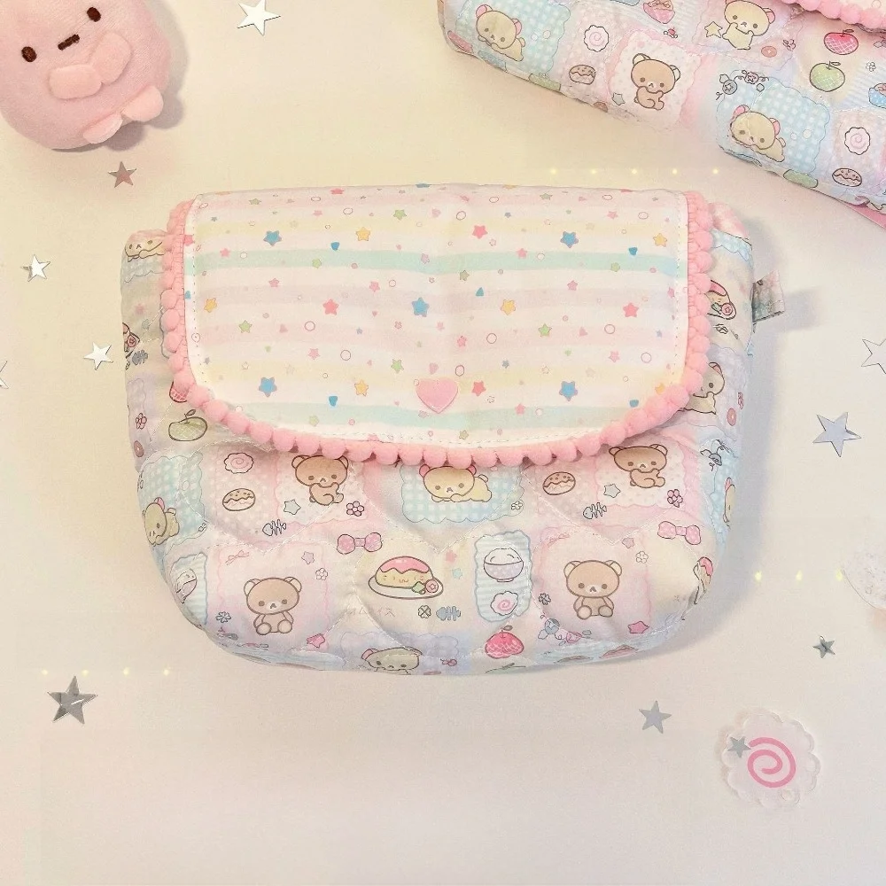 Cute Quilted Design Pencil Case Lace Flap Print Pattern Cosmetic Bag Zipper Closure Large Capacity Makeup Bag School Use