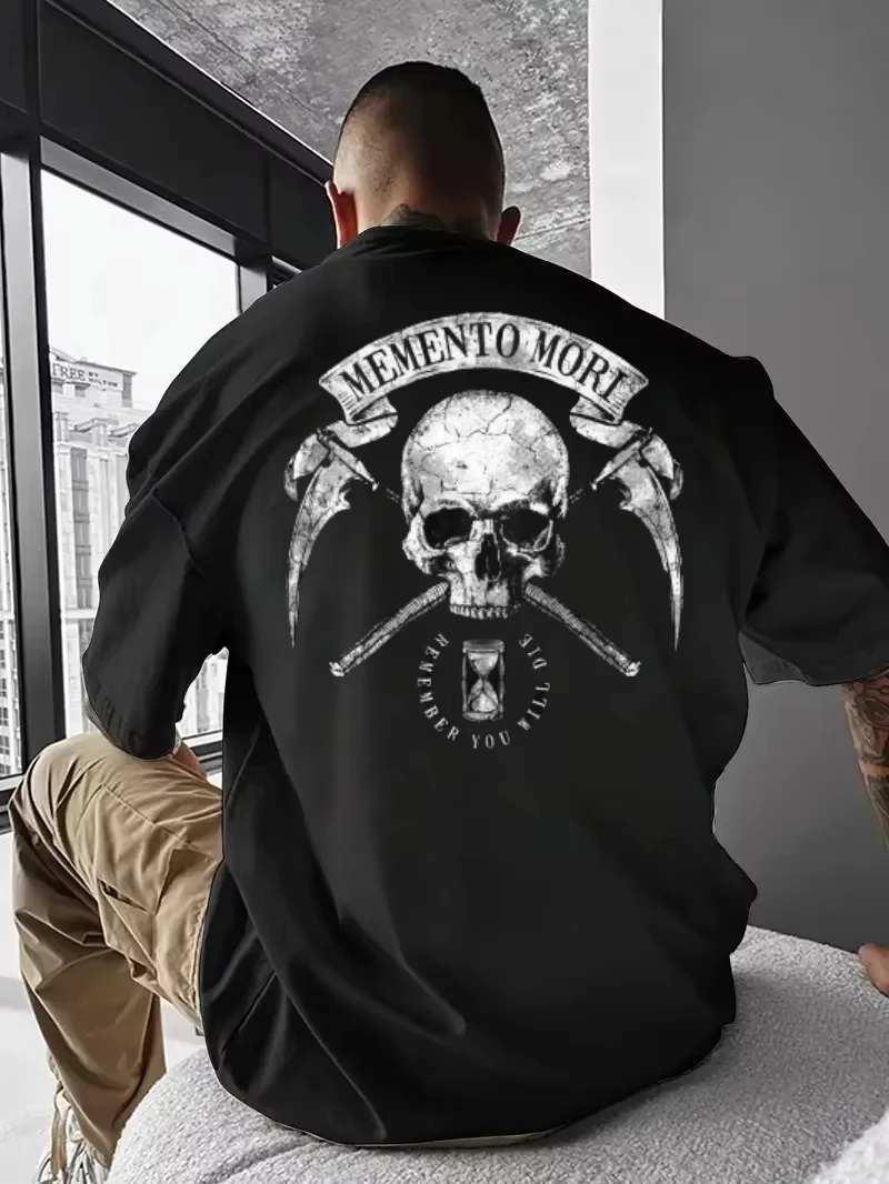 2026 Men Gothic Street T Shirt Back Skull Scythe Hourglass Print Short Sleeve Tee Vintage Distressed Casual Cotton Tops