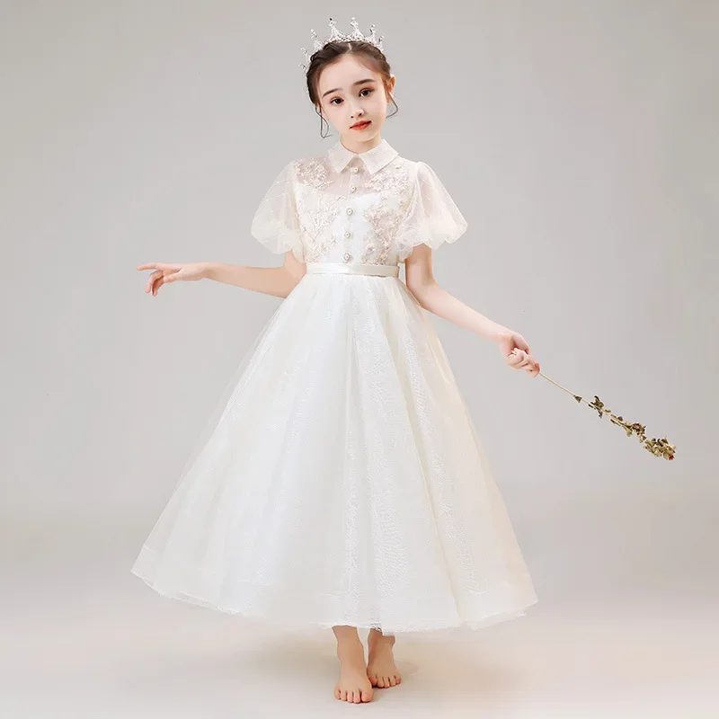 White Elegant Dress for Young Girls Kids Flower Appliques Ball Gowns Children Baptism Pageant Birthday Formal Party Vestidos