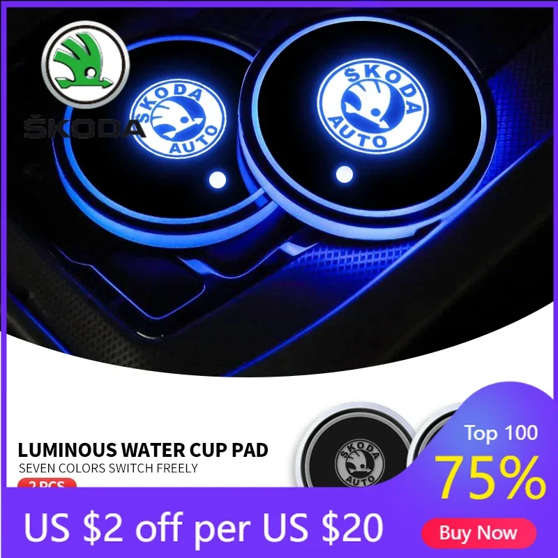 

For SKODA Car Logo Cup Coaster Holder Car Led Atmosphere Light Lamp For Skoda Fabia Superb Yeti Octavia Rapid Kodiaq A4 A6 A7 A5
