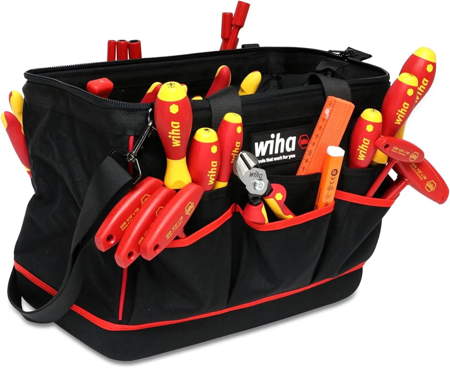 Wiha 32874 Insulated Tool Set with Pliers, Cutters, Nut Drivers, Screwdrivers, T Handles, Knife, Ruler and Voltage detector