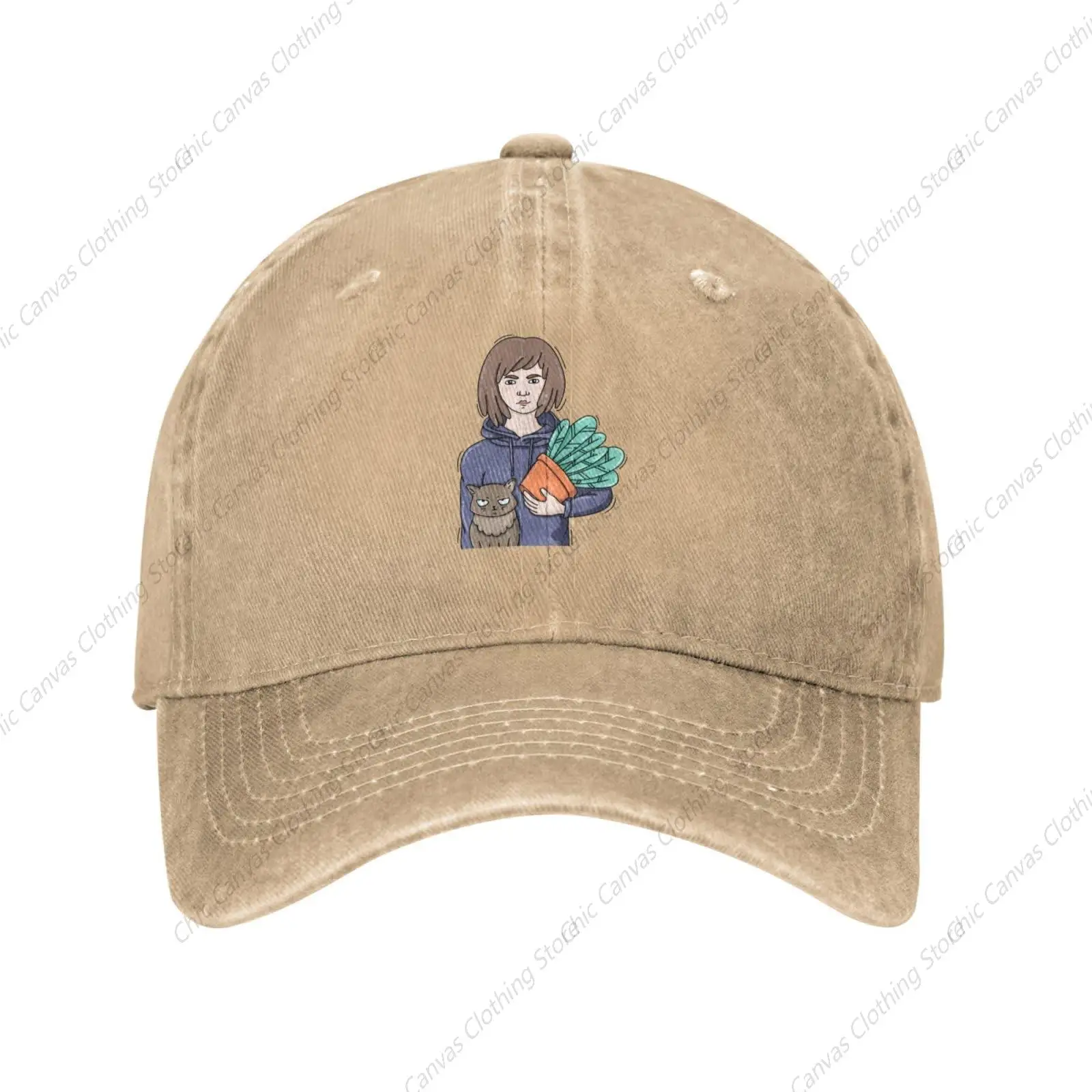 

A Young Woman With A Potted Plant And A Funny Gray Cat Baseball Cap For Men Women Vintage Trucker Hat Golf Hats Adjustable Hat