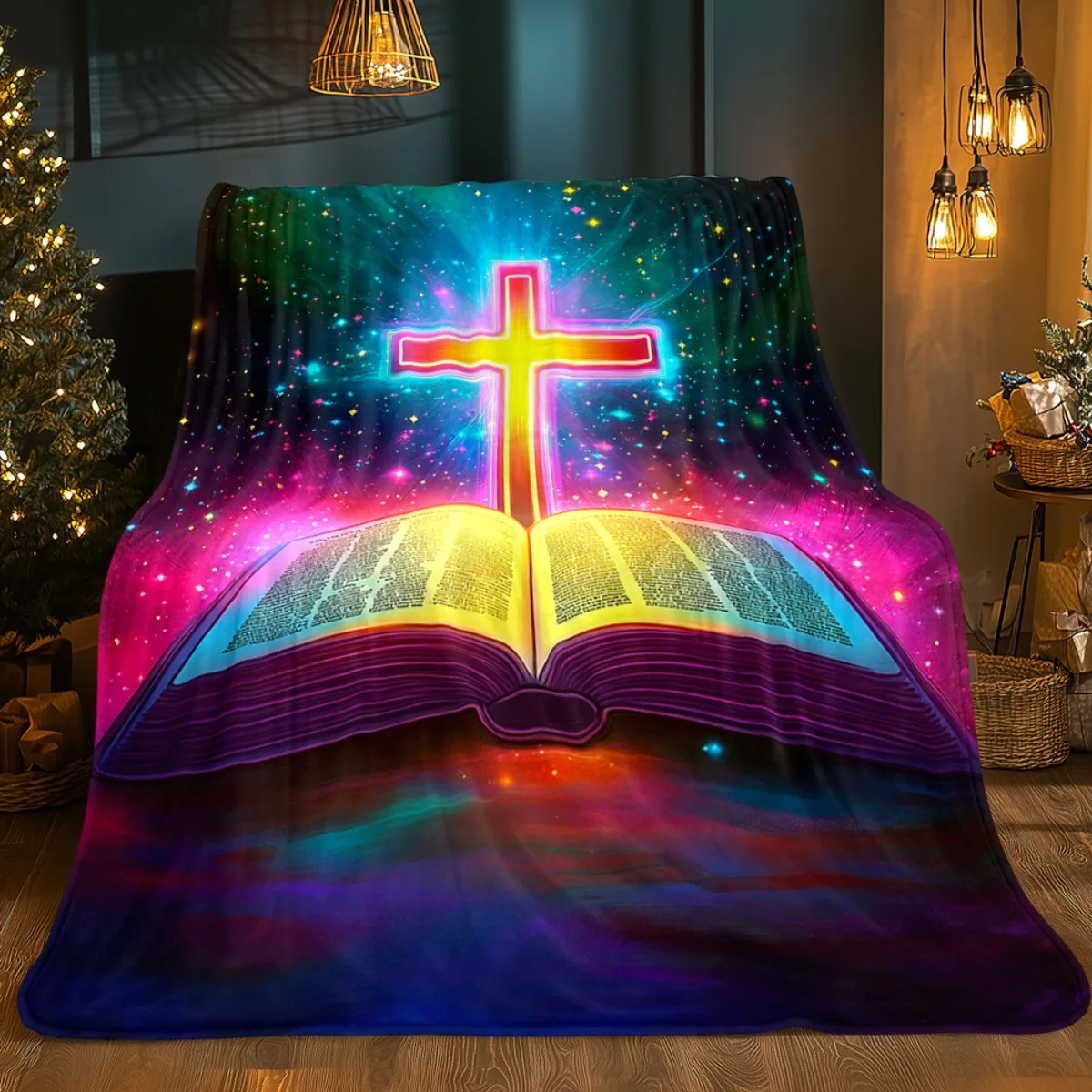Biblical Cross Flannel Blanket, Purple Blue Pink Gospel Design, Soft Lightweight All Season Throw, Christian Home Decor Gift