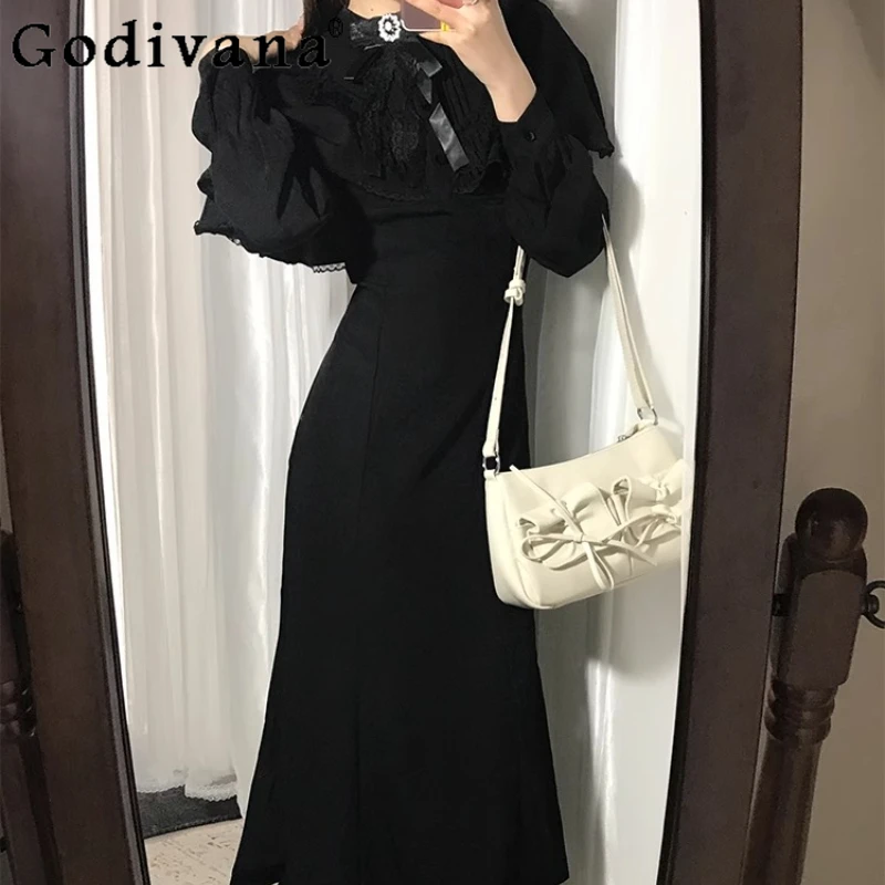 French Hepburn Style Black Cape Dress for Women Spring Autumn Waist-Cinching Lolita Dress Female Bodycon Mermaid Long Dress