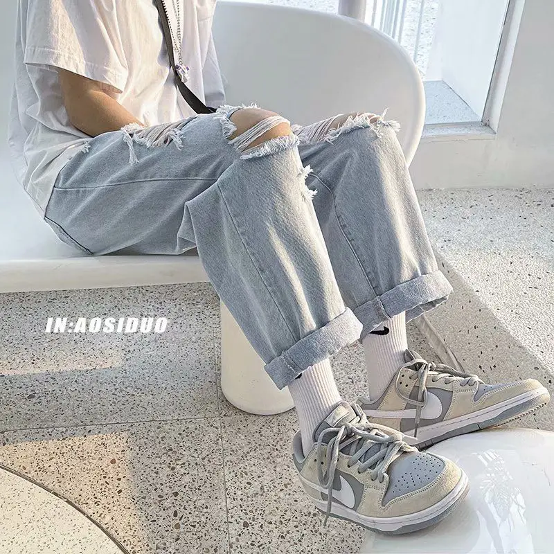 2023 Summer New Light Luxury Fashion Jeans Men's Straight Loose Korean Style Trendy All-match Pants Boutique ClothingSimpleStyle