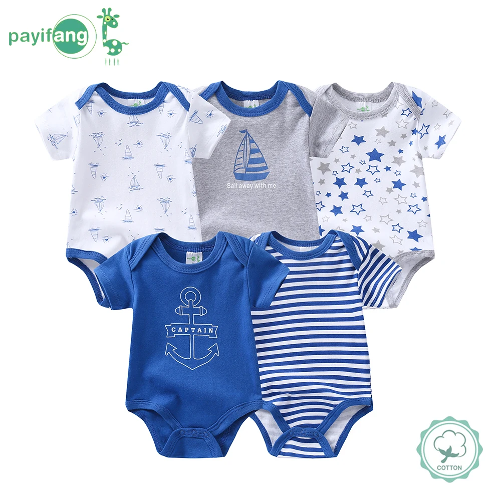 男の子用ロンパース5点セット、帆船とアンカー柄のコットン半袖男の子用衣装、柔らかくカジュアルで快適、男の子が屋外で着用するのに適しています。