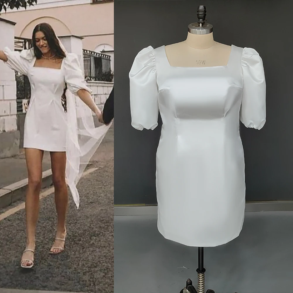 Mini lanterna curto mangas elopement micro vestido de casamento feito sob encomenda simples ruched acima do joelho quadrado pescoço mais tamanho vestidos de noiva