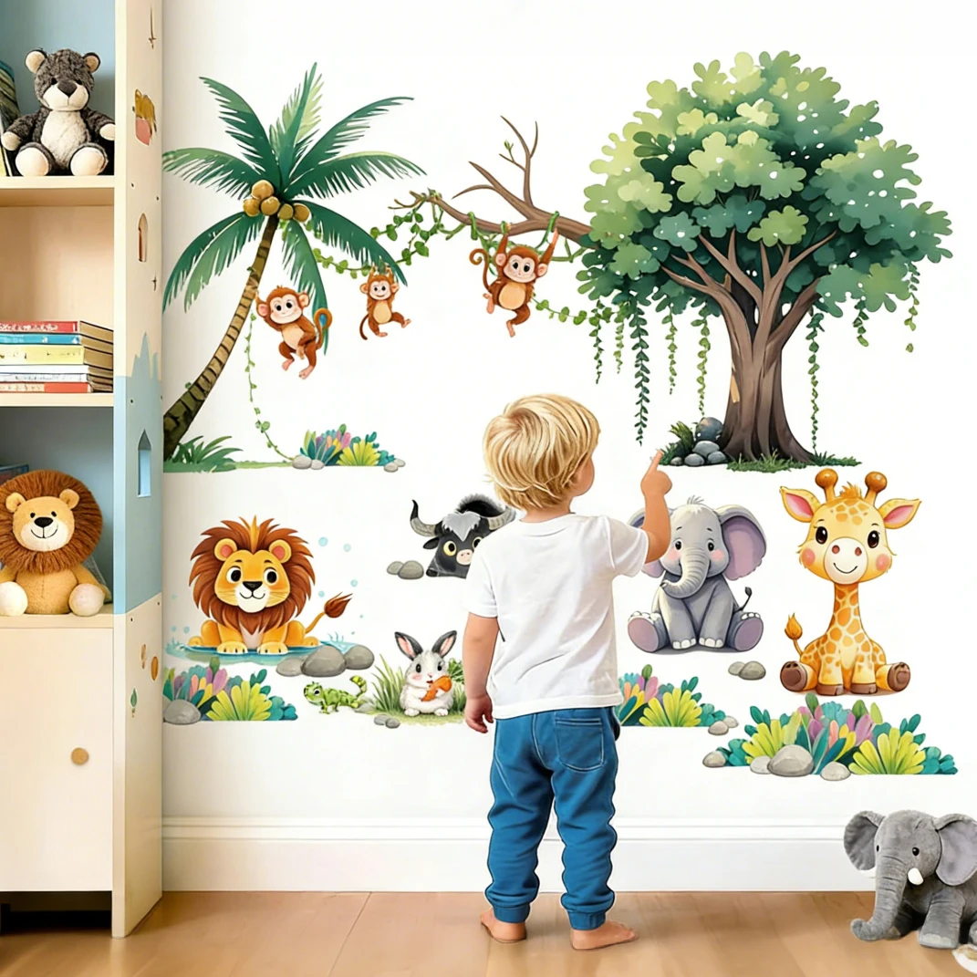 Cartoon Animal Monkey Vine Self-Adhesive Wall Stickers Decorative Removable Decals for Children's Room Shop Background Wall Beau