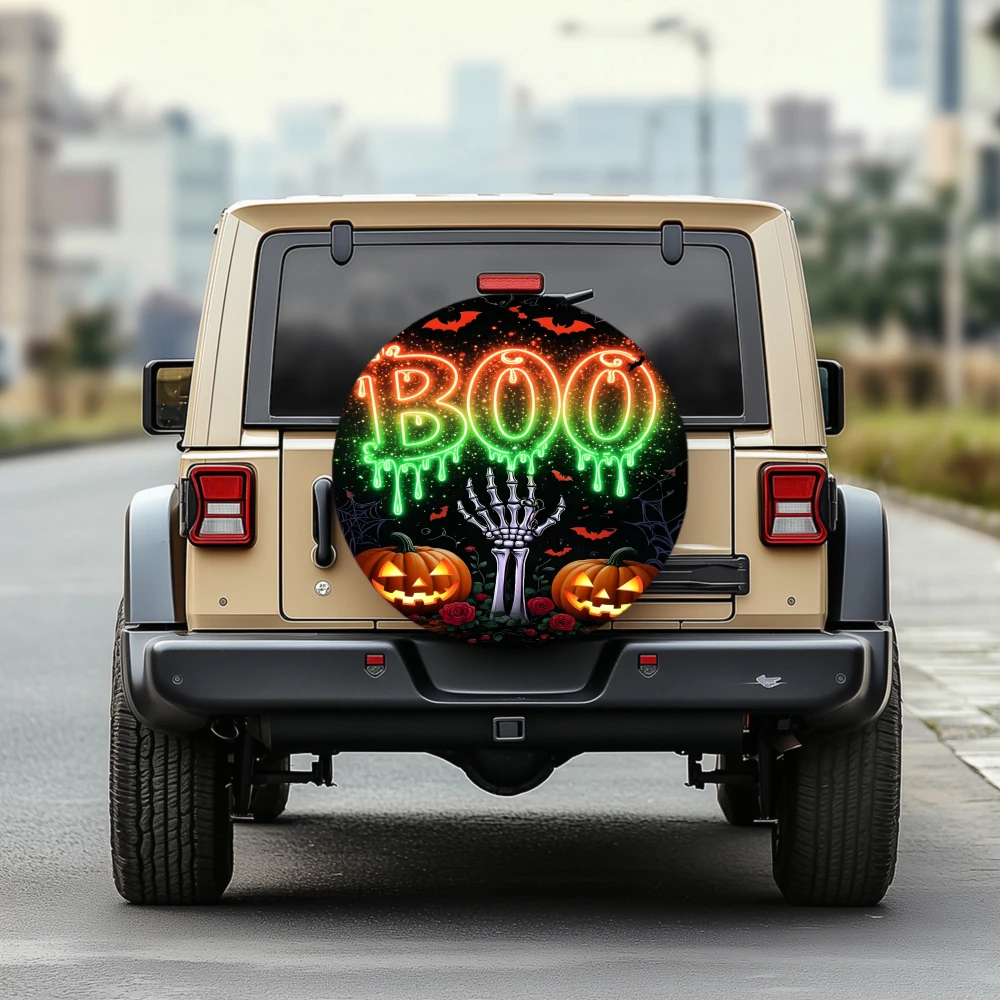 1pc 30/34 Inch Multi Functional Spare Tire Cover For Jeep Trailer RV Offroad Truck Camper Vehicles, Halloween Boo Pumpkin Skelet
