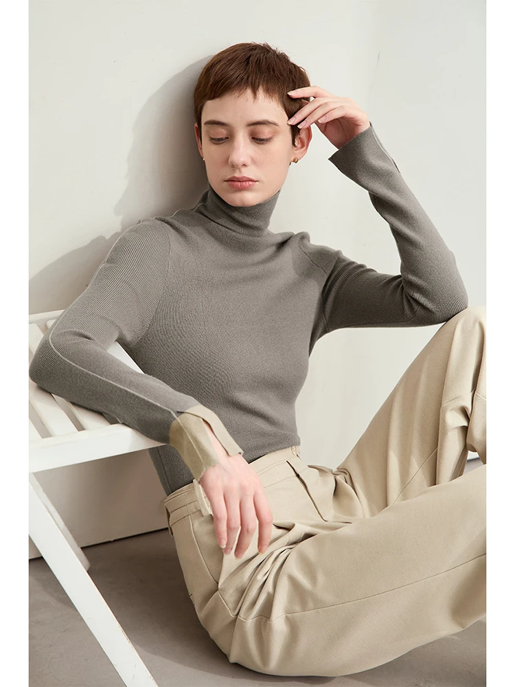 AMII Minimalist New Turtleneck Asymmetrical Sweater for Women 2024 Autumn Contrast Color Splicing Slim-fit Split Cuff 12453067