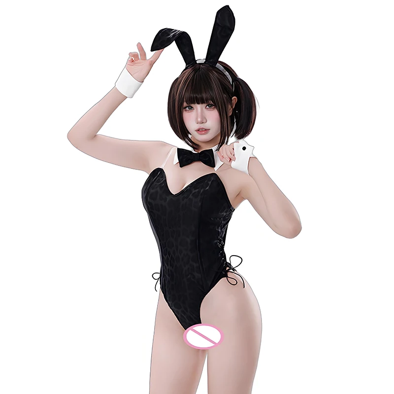 

Women Sexy Black Leopard Leather Print Bunny Girl Jumpsuit Cosplay Costume Halloween Performanc With Tie Headband Rabbit Set