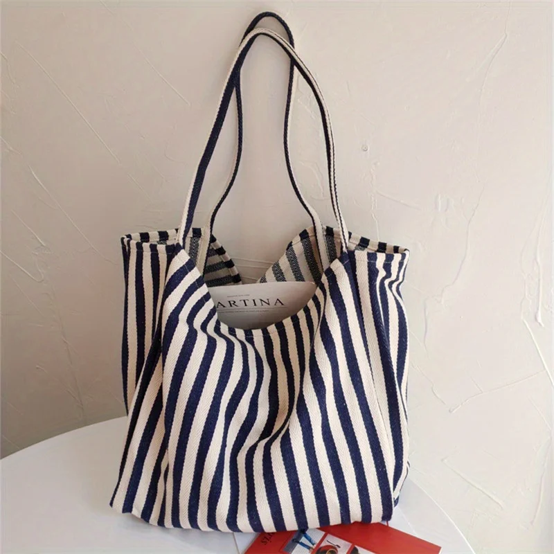 1PC retro literary handbag, simple small fresh striped canvas bag, versatile casual large capacity shoulder bag for women