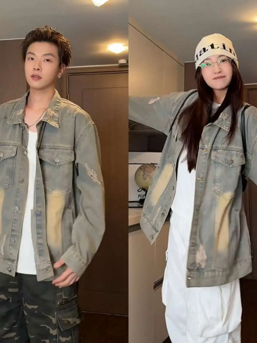 

Retro Waed Denim Jaet Men's Autumn New Sle Worn out Couple's Jaet Loose Fit Youthful ular Pure Color PU Material