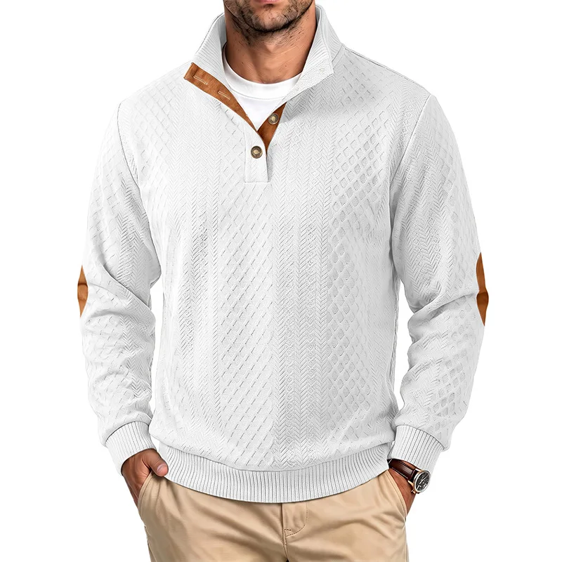 Men Diamond Jacquard Textured Stand Collar Sweatshirt, Button Placket Elbow PU Patch Long Sleeve Business Casual Pullover
