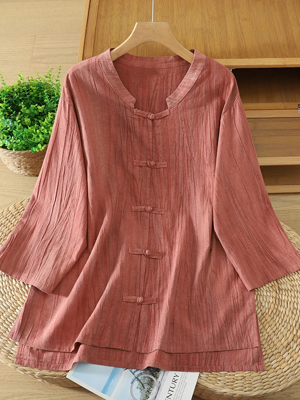 Retro Chinese Style Long Sleeve Cotton Linen Shirt Women's Autumn Worn out Color Open Cardigan Top Buckle Disk Button