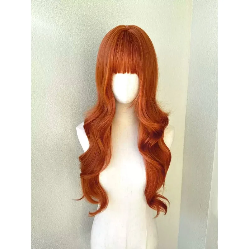 Golden Orange Long Wavy Wig High Temperature Fiber Matte Wig with Full Bangs Natural Curly Hair Wig for Daily Party Use