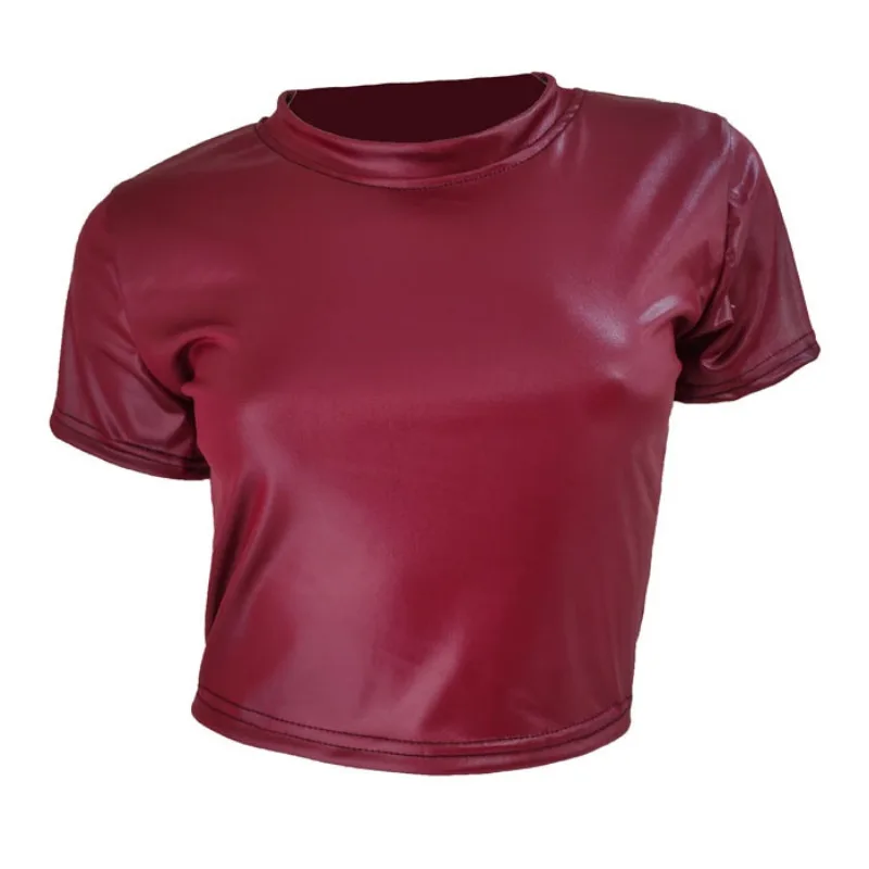 Woman Sexy PU Leather Short-sleeved Shirt Erotic Shaping Sheath Latex Tops Casual T-shirts Women Patent Leather Sexi