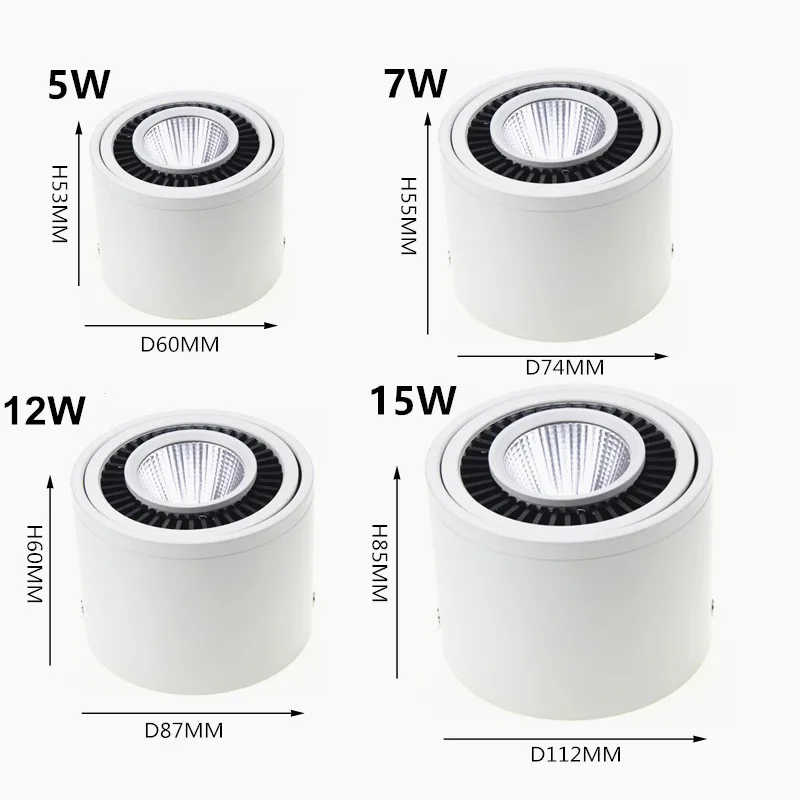 AC/DC 12V 24V COB LED Downlights 5W 7W 12W 15W montowane na powierzchni lampy sufitowe LED światło punktowe 360 stopni obrót LED Downlights