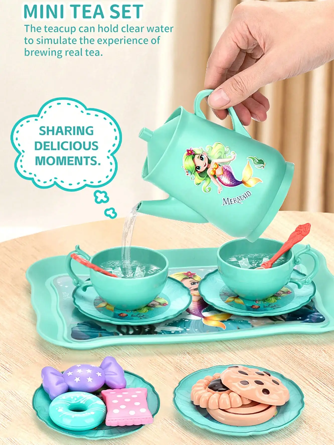 Juego de té de la tarde para niñas, juguete de té de la tarde de princesa sirena, juguetes de vestir para fiesta de té, caja de regalo portátil de pastel de postre simulado