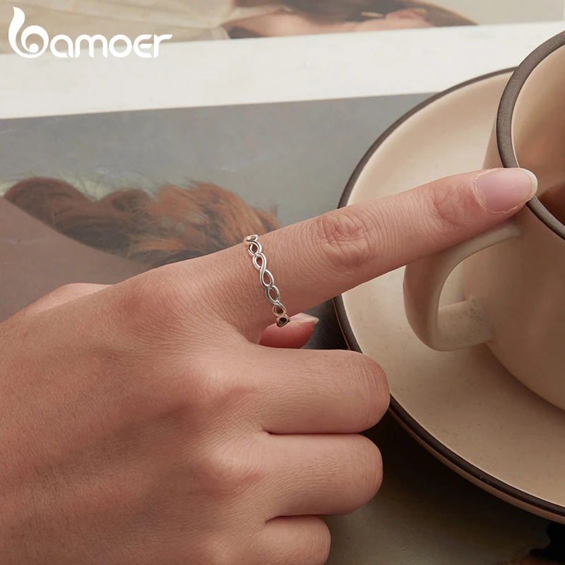 BAMOER 925 فضة إنفينيتي رمز وعد الدائري، مقاومة تشويه الراحة تناسب خاتم الزواج إلى الأبد الحب عقدة الدائري