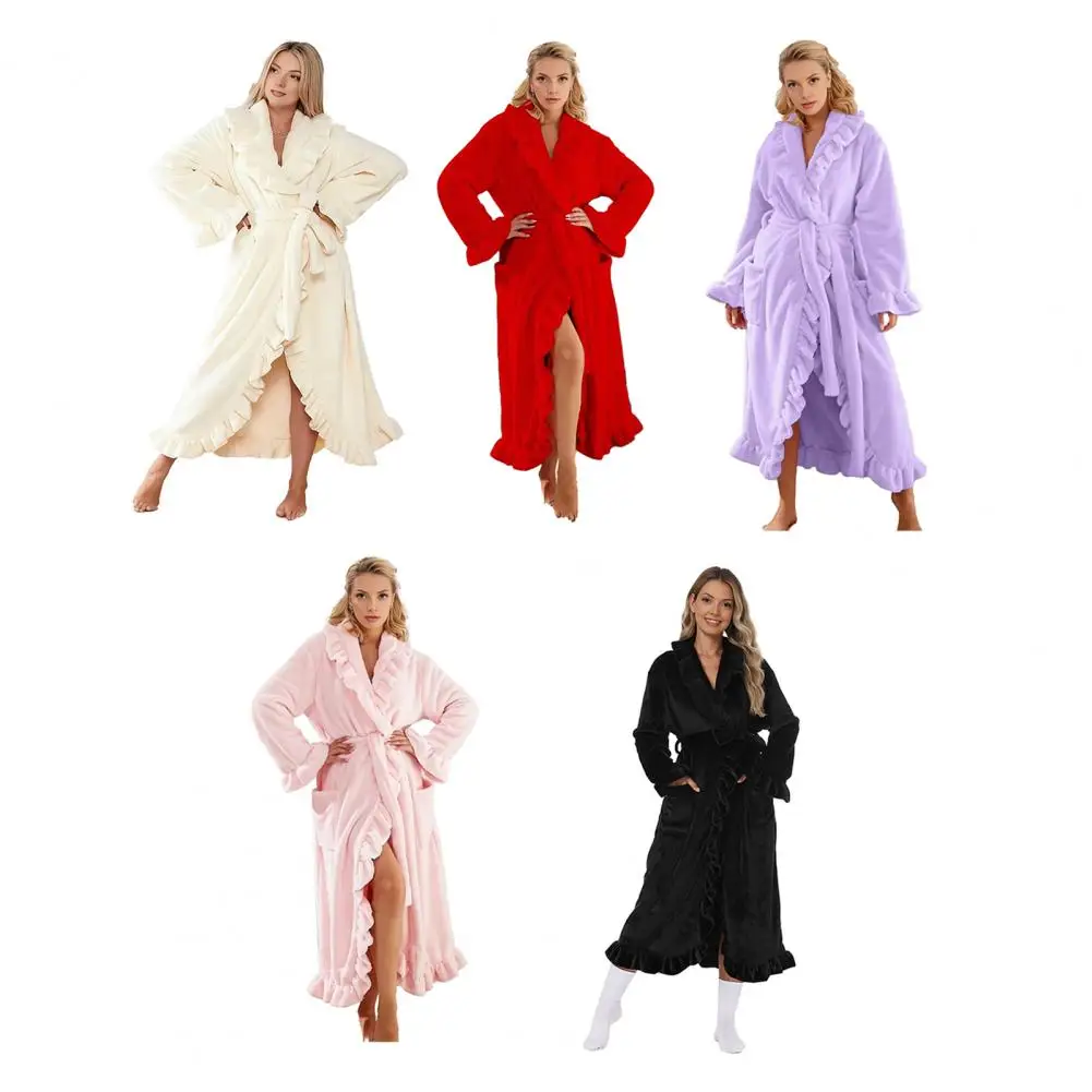 Women's Winter Autumn New Simple Long-Sleeved Robe Girls Sweet Ins Wind Ruffled Fleece Section of Plush Warm Pajamas Home Wear