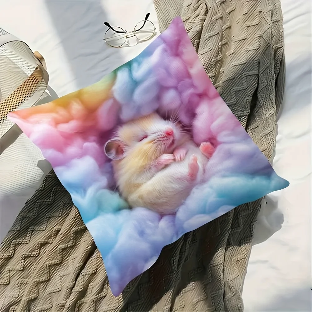 1pc Kawaii Rainbow Hamster Pillow Cover, Polyester 2D Double-Sided Print, Cute Sleeping Hamster Design, Aesthetic Nursery Accent