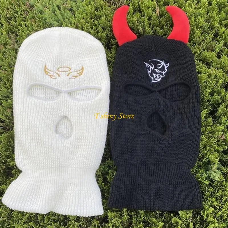 N58F White/ Black Color Handmade Ox Horn Hat Soft Winter Warmer Knitted Hat Cold Halloween Presents for Students Teenagers