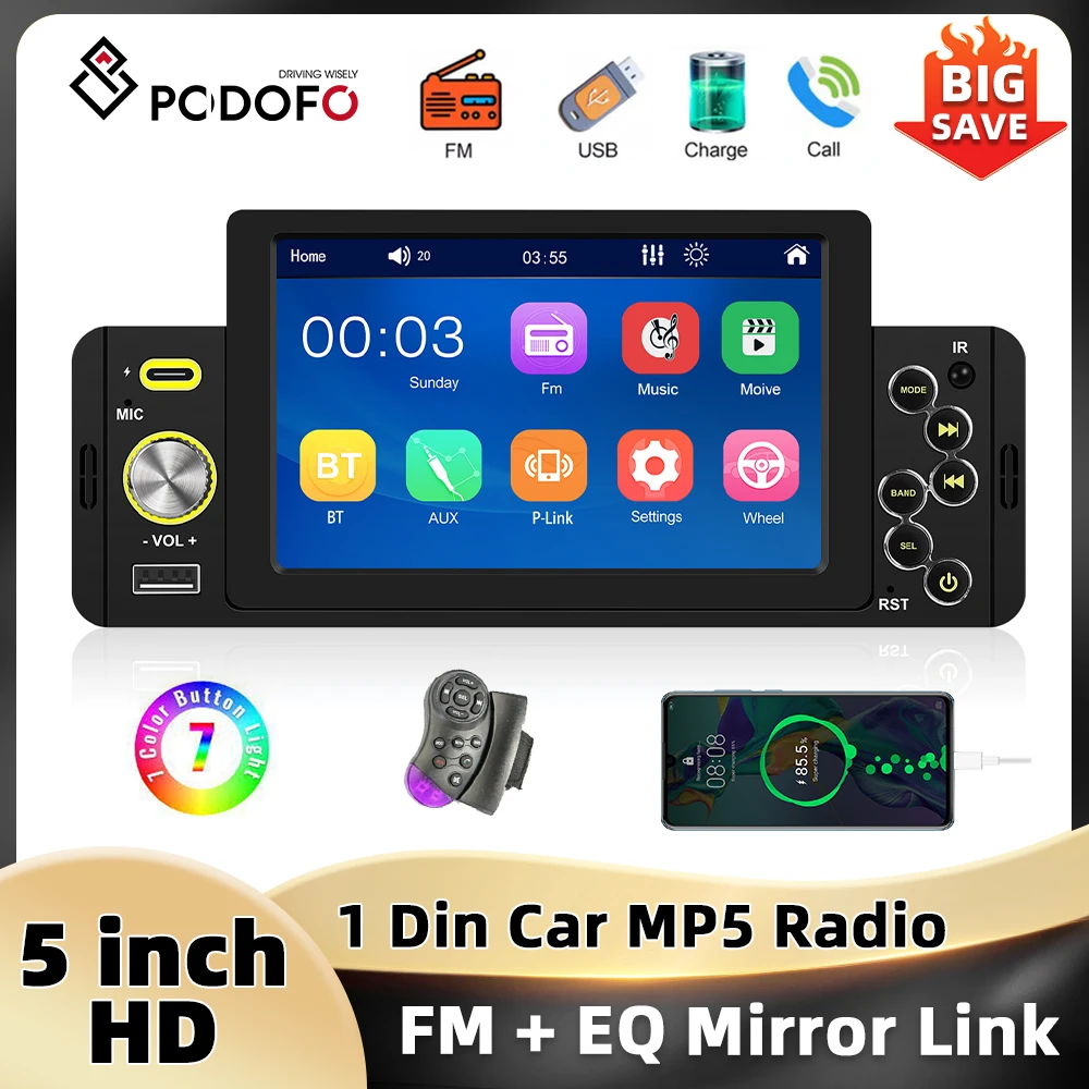 Podofo 5 ''IPS Screen 1Din Car Radio Mirror Link MP5 Player Steering Wheel Control EQ FM USB & TYPE-C Port Bluetooth Car Stereo