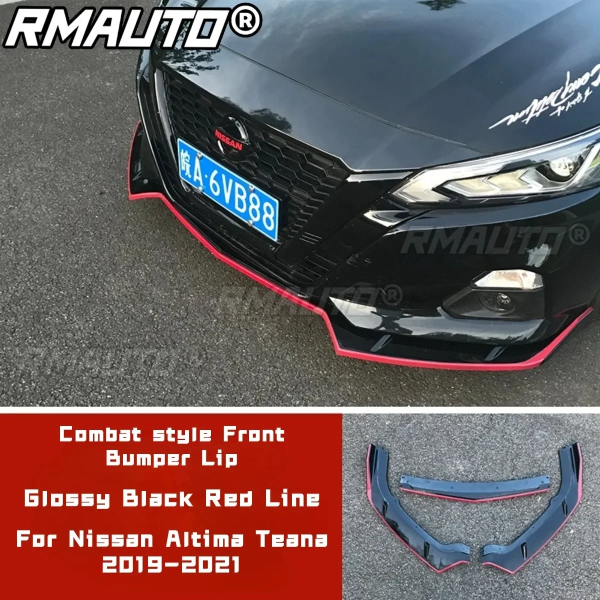 

For Nissan Altima Teana 2019-2021 Body Kit Front Bumper Lip Glossy Black Red Line Combat Style Bumper Diffuser Car Accessories