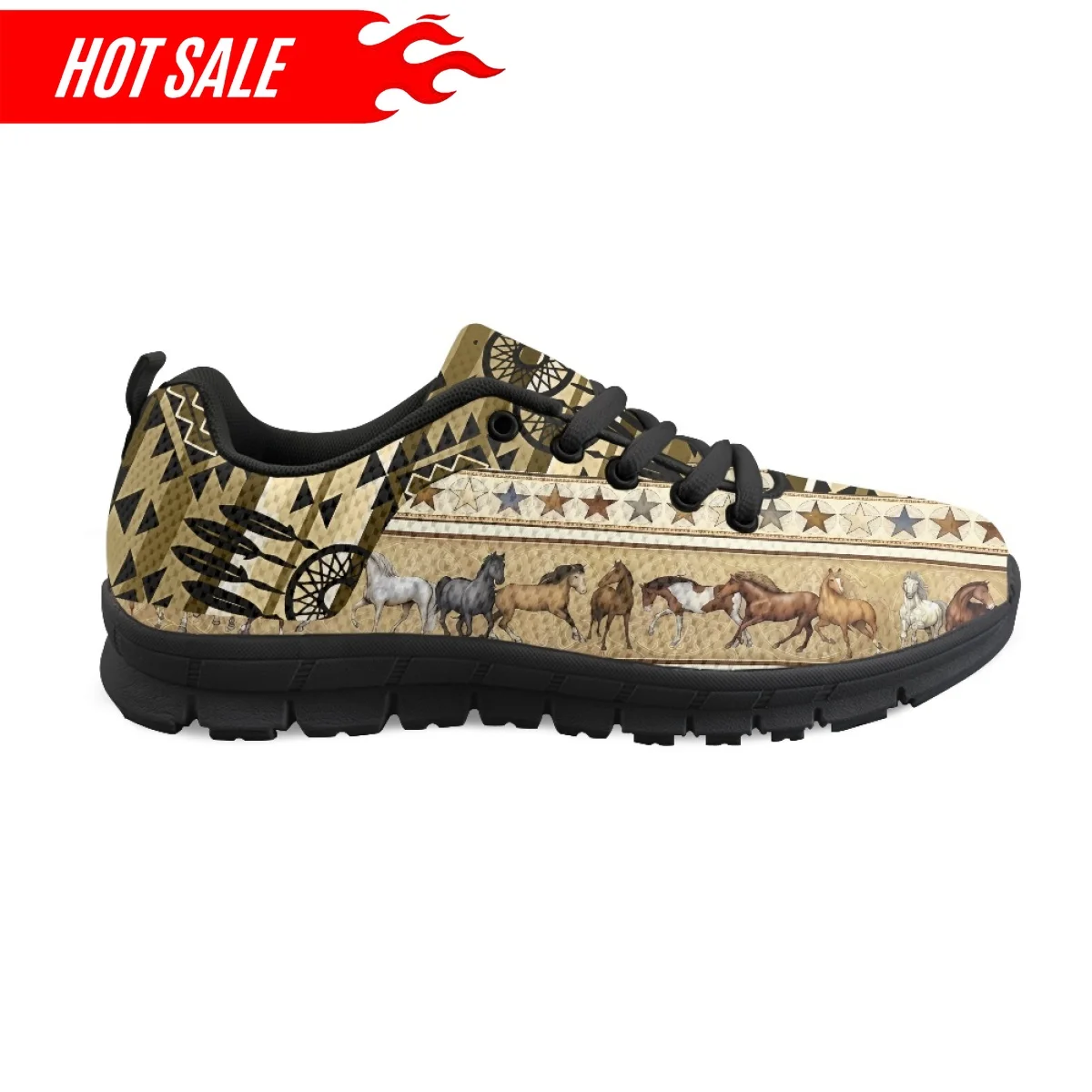 Women's Non-Slip Flats Shock Absorption Running Sneakers Tribal Aztec Design Ladies Mesh Shoes Dirty Resistant Sport Footwear