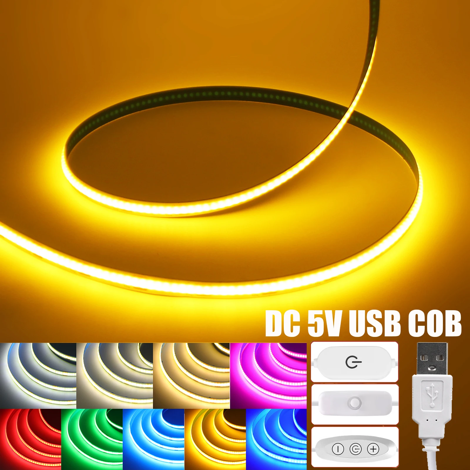 Dimmable COB LED Strip 5V USB Flexible LED Tape Ribbon with ON/OFF Switch 320LEDs High Density Linear Lighting with Adhesive