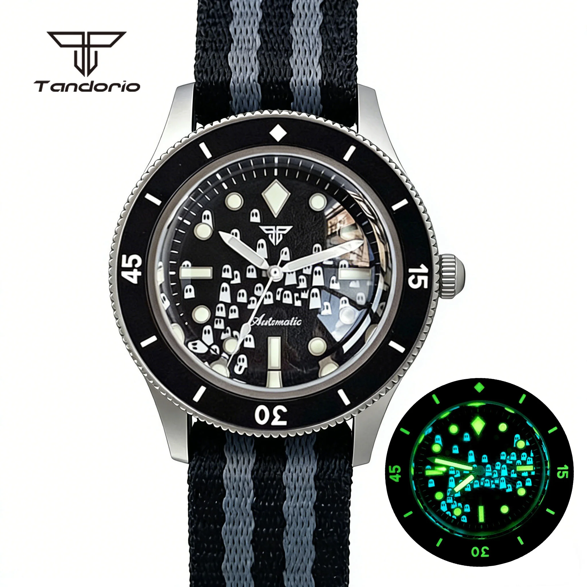 Tandorio Domed Sapphire 40mm Mechanical 50-Fathoms Style Diver Fashion Automatic Men Watch Miyota8215/PT5000 Luminous Ghost Dial