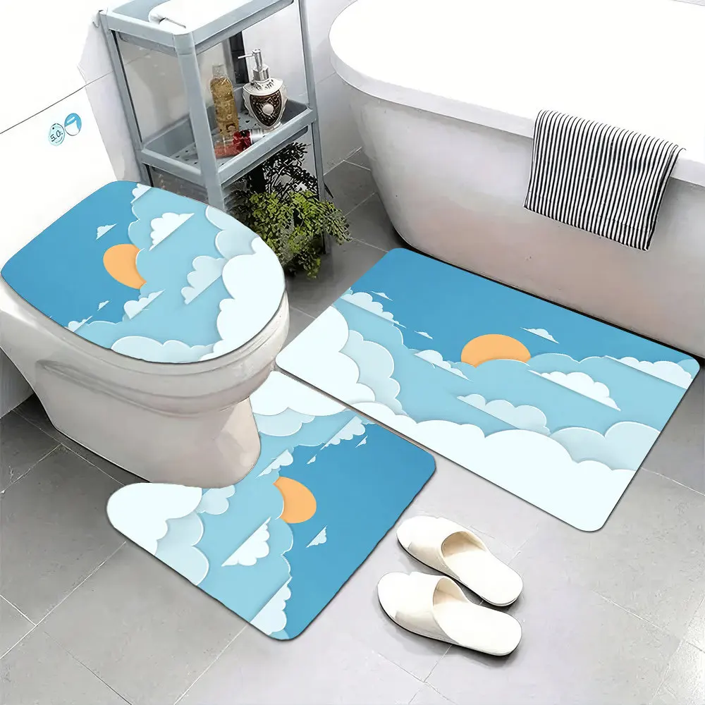 

Set of 3 Ultra-Soft Bathroom Floor Mats Featuring a Non-Slip Backing, Designed with a Charming Cartoon-Style Landscape And White