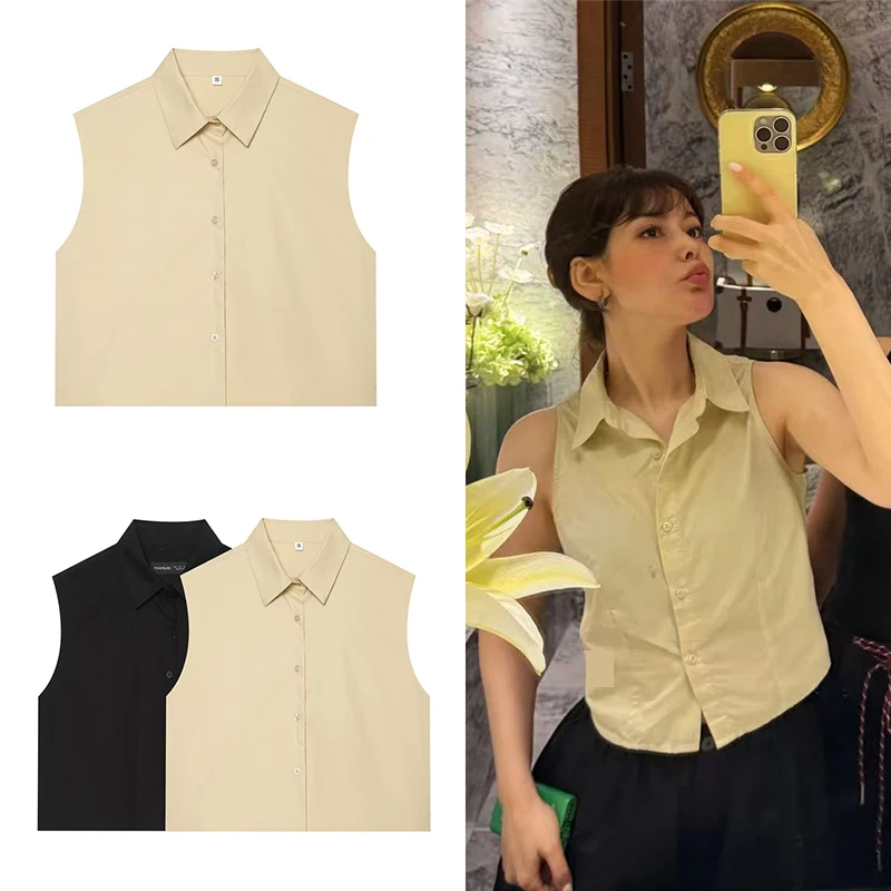 Guobioziy Women's Basic Collared Sleeveless Shirt, Front Button, Loose Casual Vest, Versatile Everyday Street Layering Top